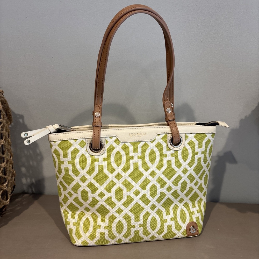 Spartina 449 Daufuskie Island Tote Natural Linen Leather Purse Lime Green